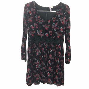 Alya Black & Red Floral Print w/ Sheer Lace Waist Long Sleeve Dress - Large